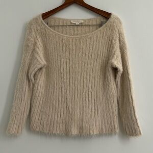 Love Stitch Cream Fuzzy Boat Neckline Long Sleeved Ribbed Sweater